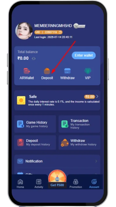 Open the deposit page by clicking on the deposit option